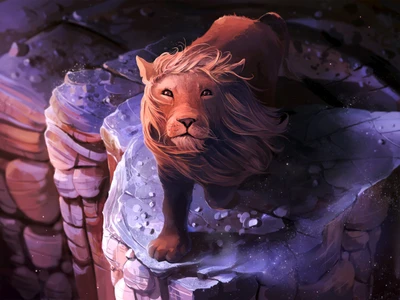 Majestic Lion Standing on a Cliff in a Cosmic Landscape