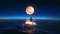 Serene Ocean Sunrise: A Car Floating Under a Full Moon