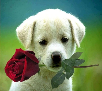 Adorable Puppy with a Red Rose