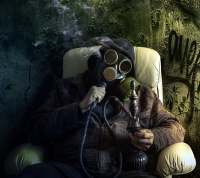 Human in Gas Mask Smoking Hookah