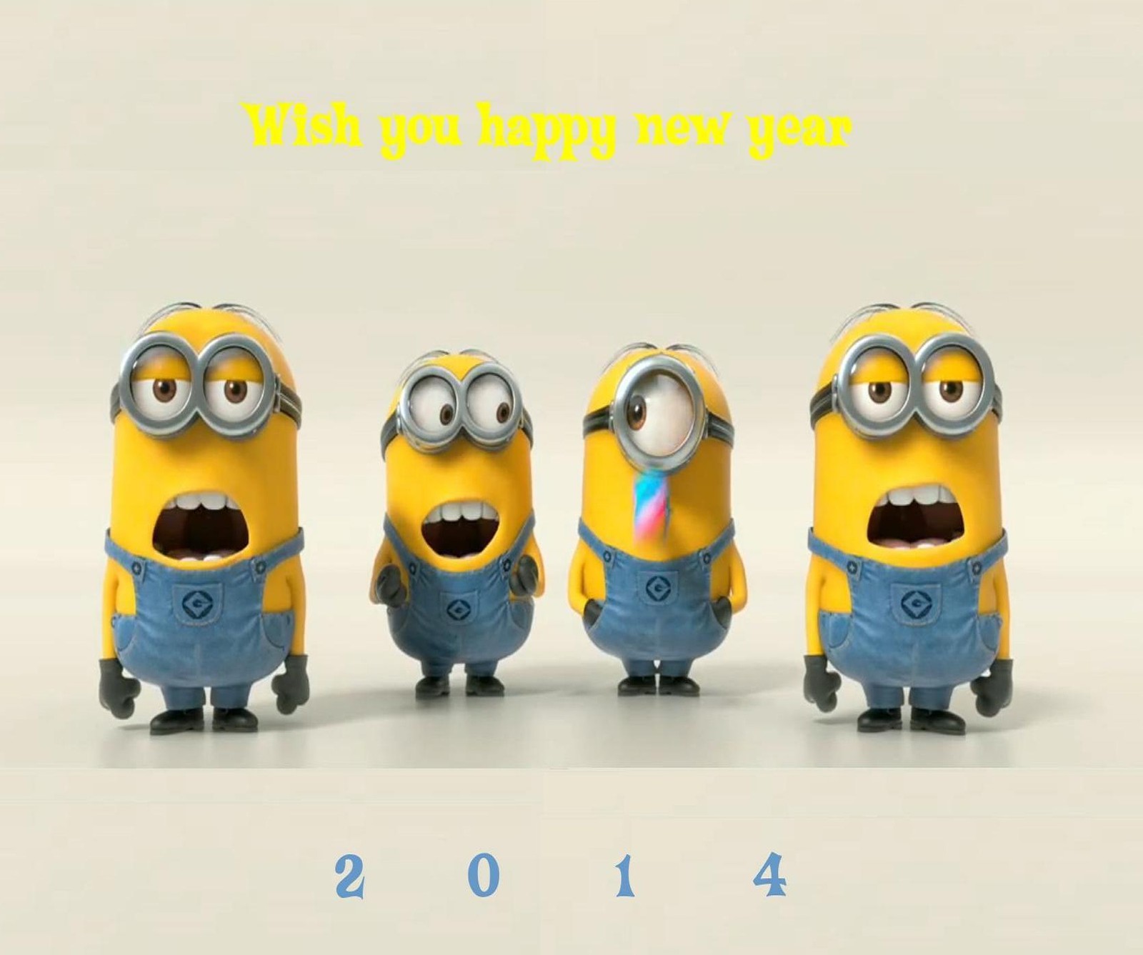 Tres minions están de pie en fila con un mensaje de feliz año nuevo. (genial, divertido, minions, año nuevo 2014, new year minions)