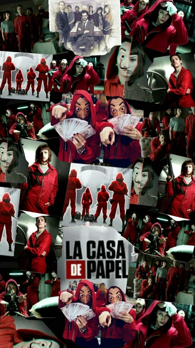 Collage de momentos icónicos de 'La Casa de Papel' con monos rojos y máscaras