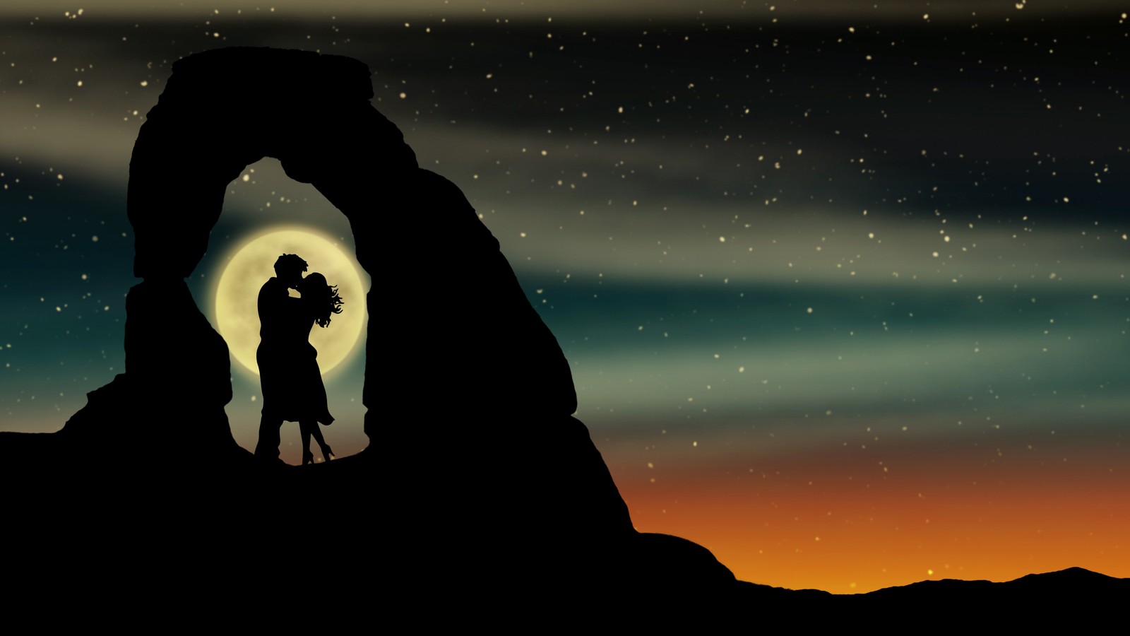 Silhouette d'un couple s'embrassant devant la lune (couple, galaxie, hd, illusions, baiser)