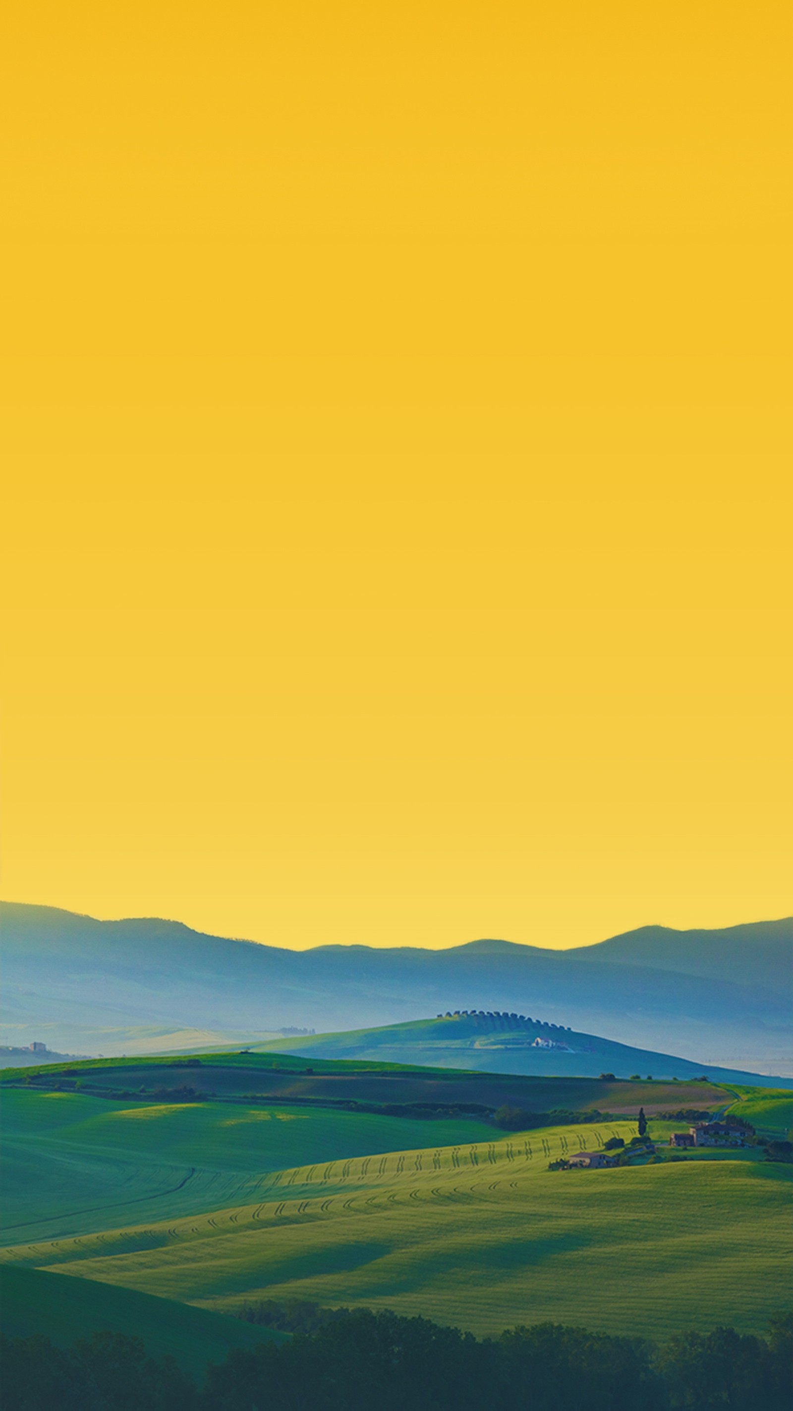 Arafed view of a green field with a yellow sky (eyad, yellow)