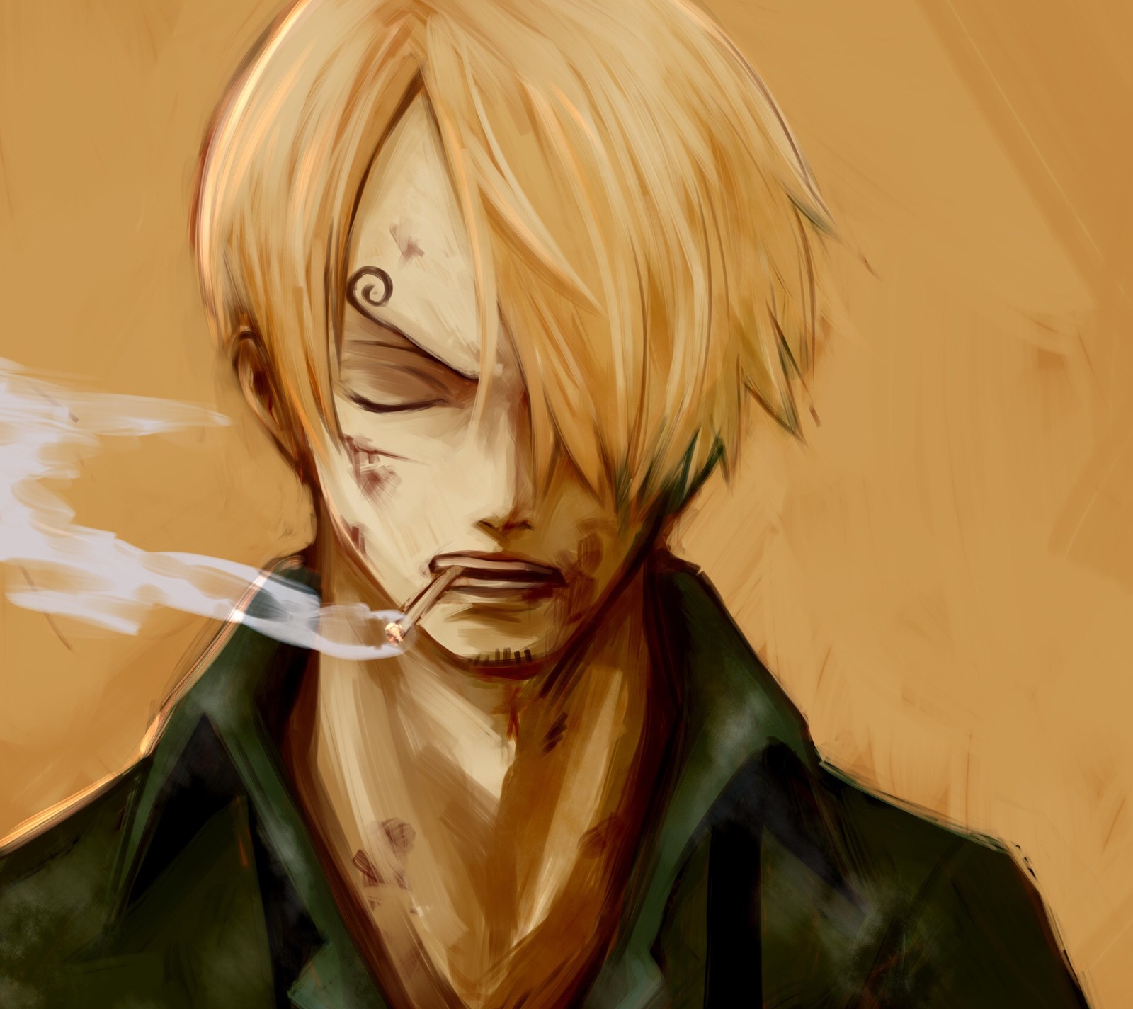 Anime character with a cigarette in his mouth and a green shirt (lufy, onepiece, roronoa, sanji, vinsmoke)