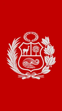 Escudo Nacional do Peru em fundo vermelho, simbolizando a herança cultural peruana.