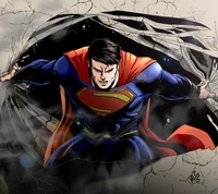 Superman, der durch eine Wand in einer dynamischen Pose bricht