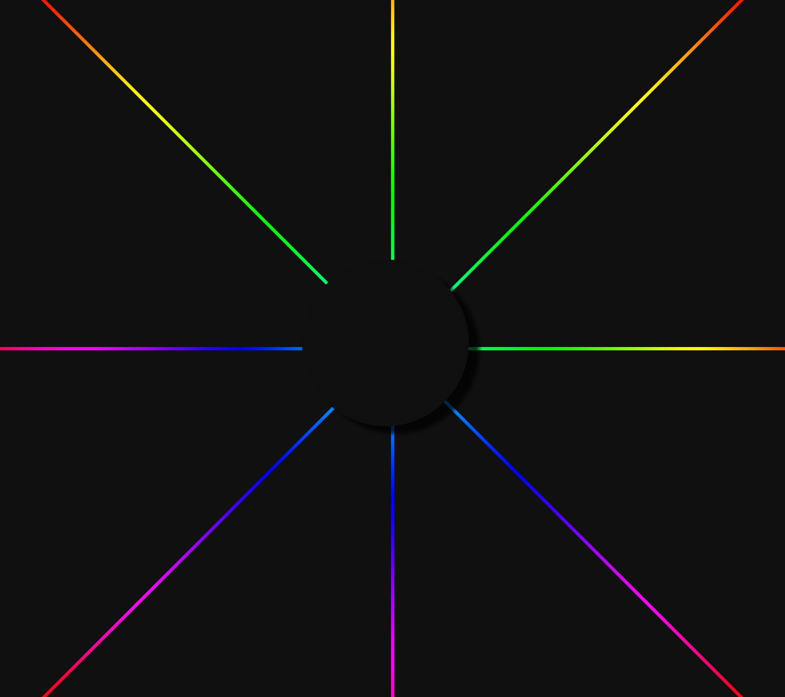 A close up of a clock with a black background and a rainbow of colors (circle, cool, dark, lines, minimalistic)