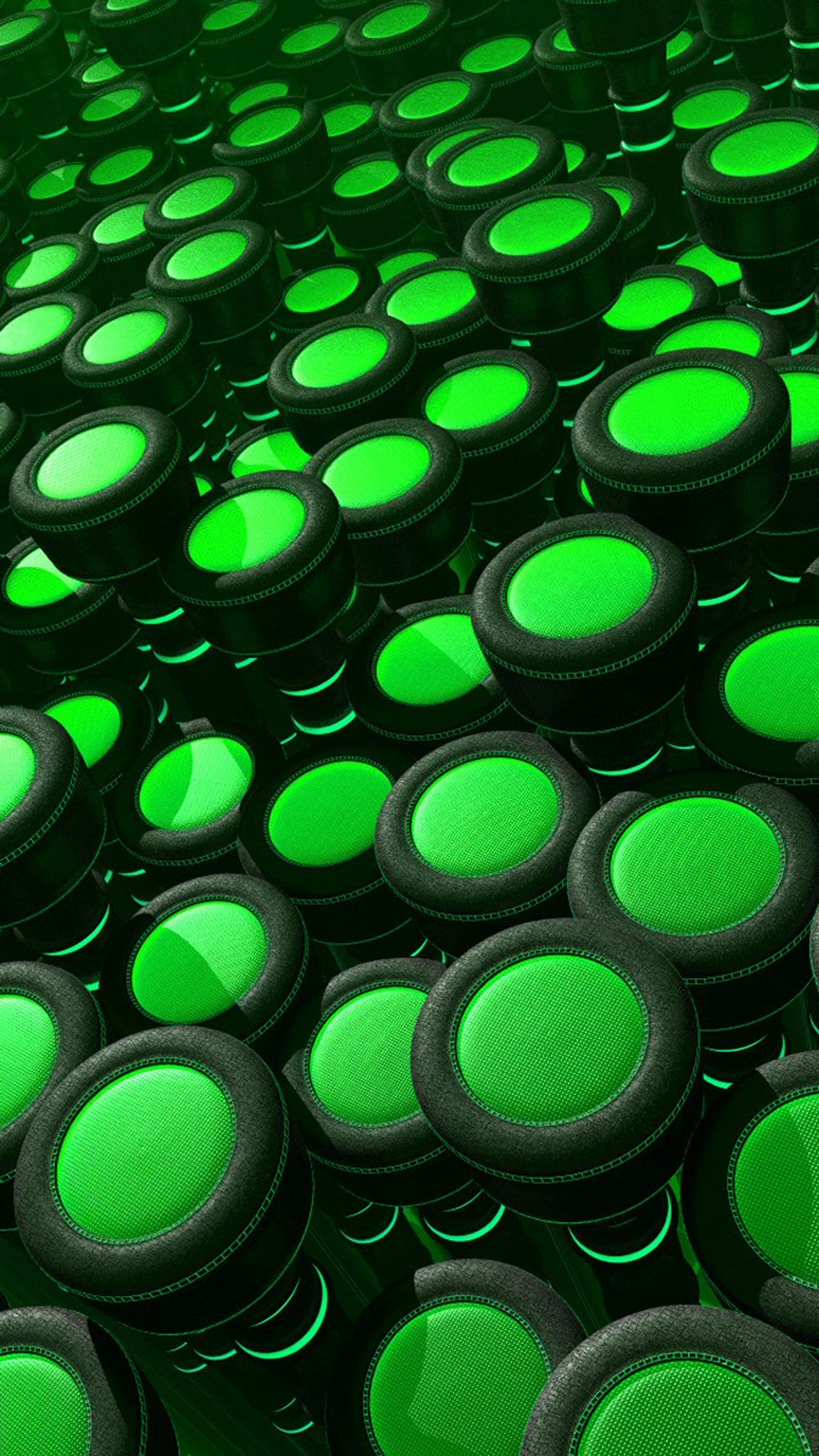 A close up of a bunch of green buttons on a black surface (abstract, green)