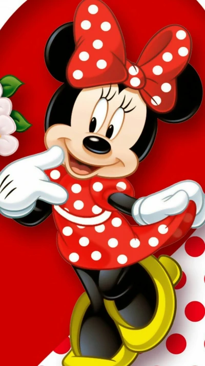 Minnie Mouse in a playful pose, adorned in her signature polka-dot dress and bow against a vibrant red background.