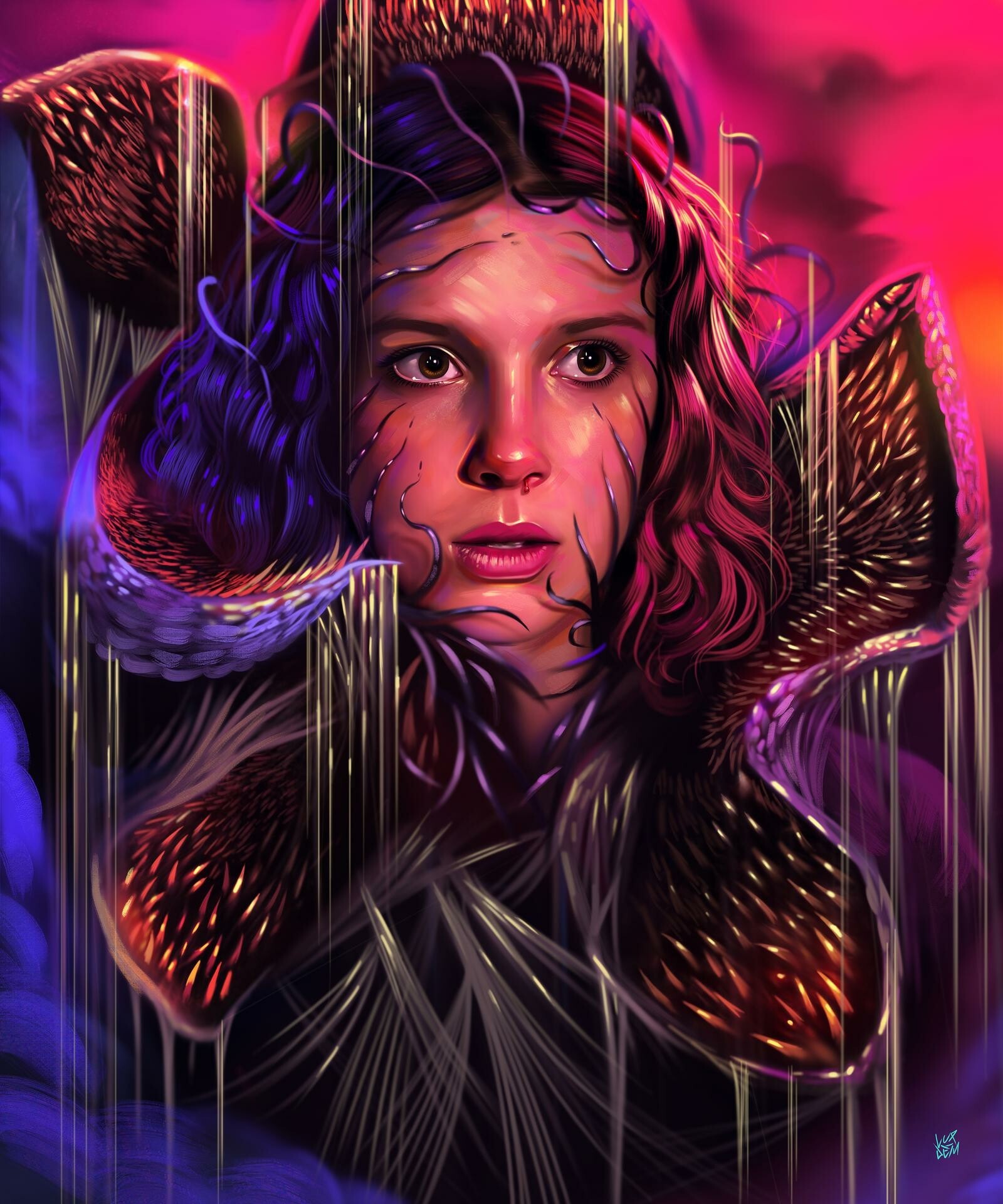 Una pintura de una mujer con una serpiente en la cabeza (demogorgon, arte digital, once, niña, cabello)