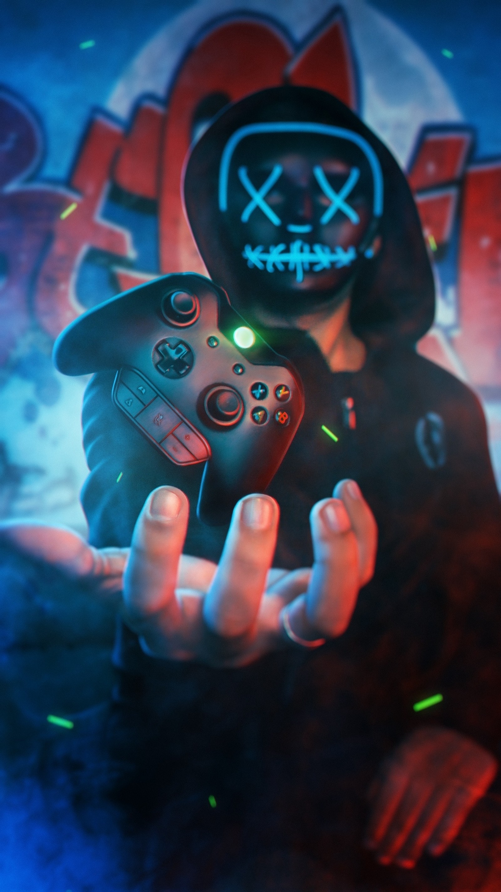 Ein mann hält einen controller in der hand (junge, spiel, spiele, microsoft, neon)