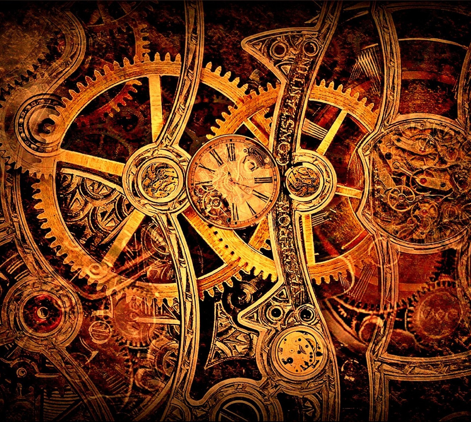 Gears and cogs are arranged in a pattern on a wall (gear, steampunk)