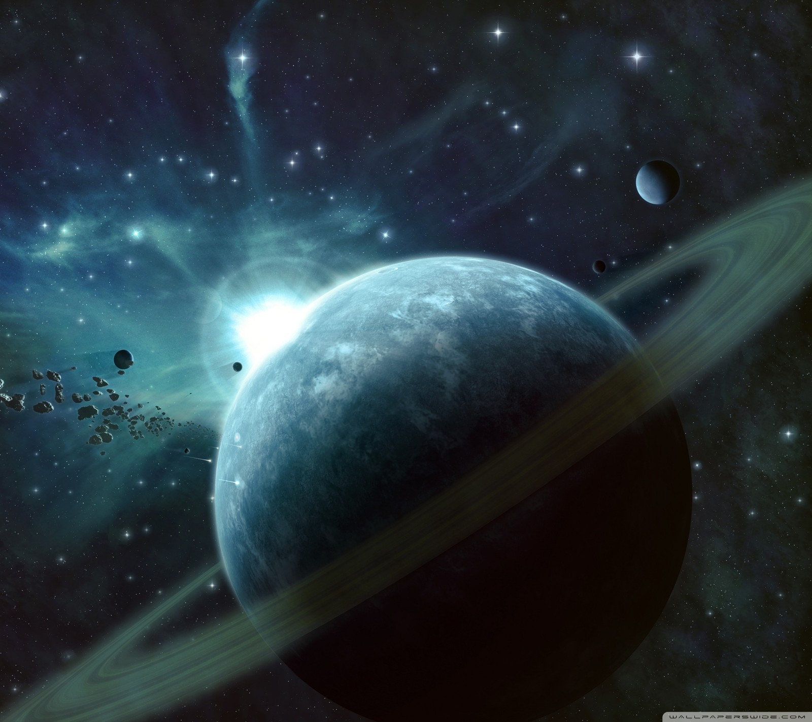 Spaceships flying around a planet with a star in the background (nature, space)