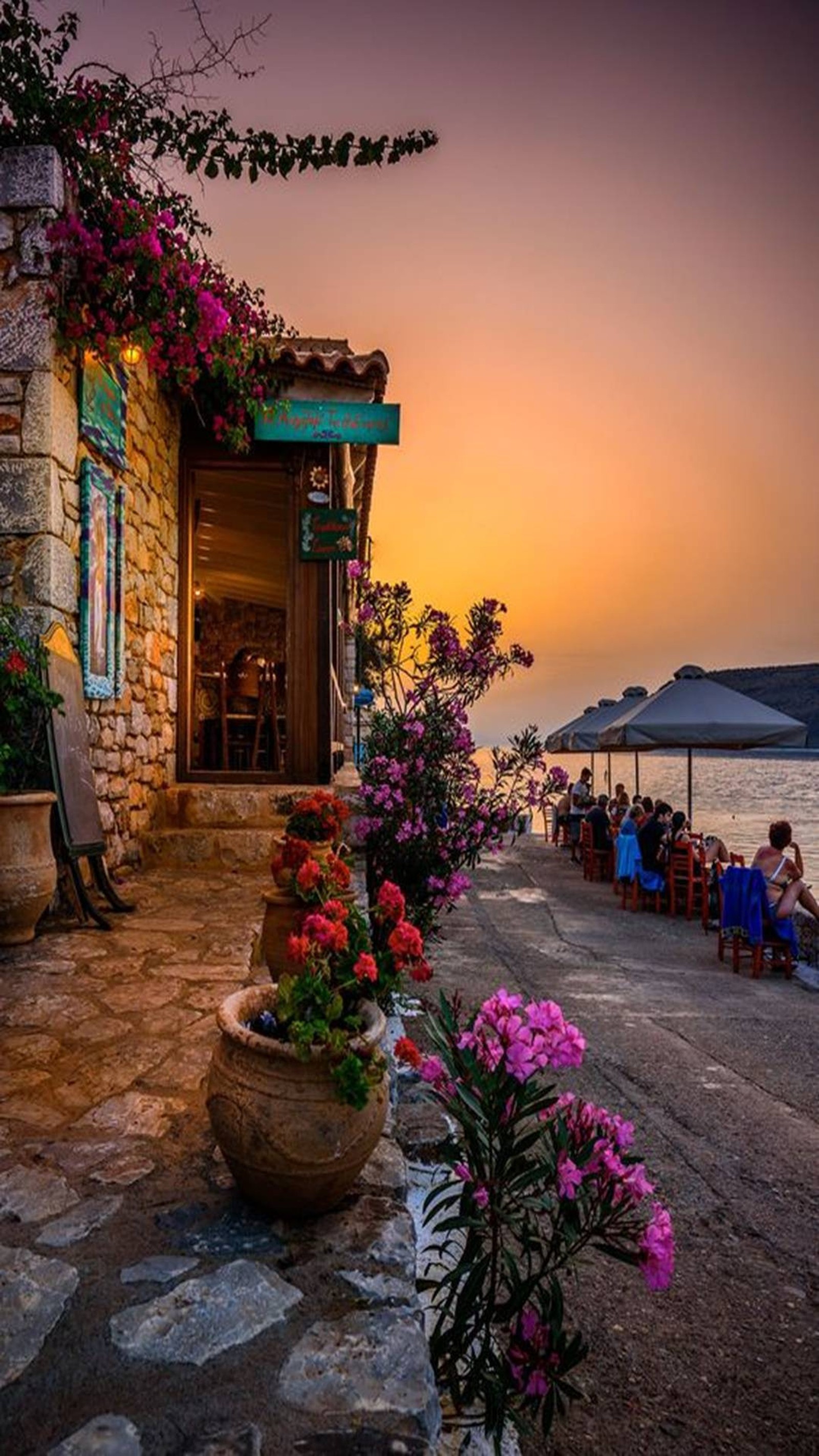 Una vista de un restaurante con flores y personas sentadas en mesas (arquitectura, ciudad, tierra, paisajes, natural)