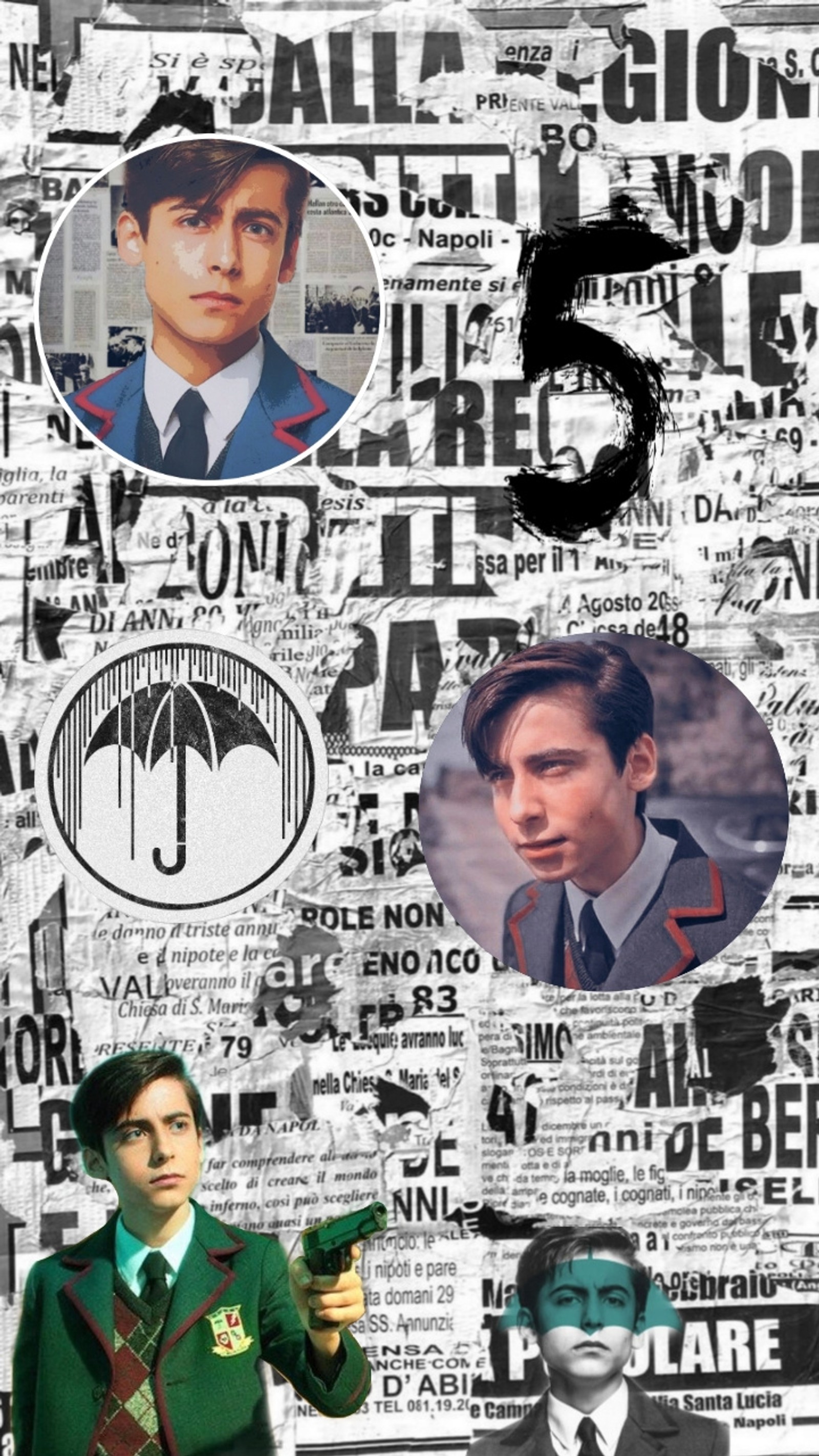 There are many different pictures of a man with a gun (aidangallagher, cinco, the umbrella academy)