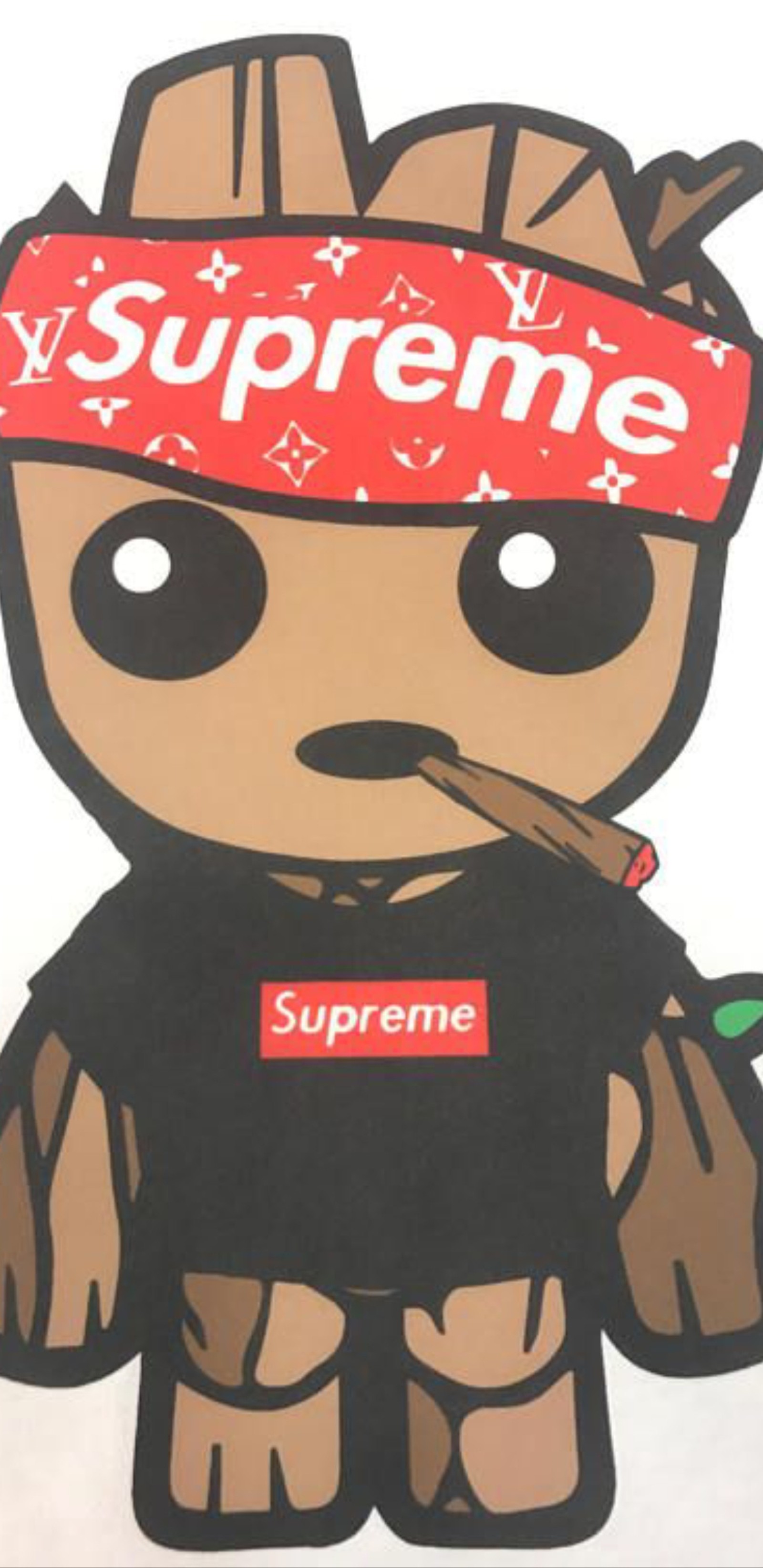 A close up of a sticker of a cartoon grooter with a red bandanna (groot, supreme)