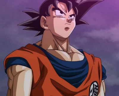 Goku in einer entschlossenen Pose vor einem dramatischen Hintergrund.