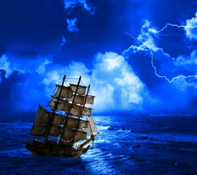 sailing boat, storm sea water lightning