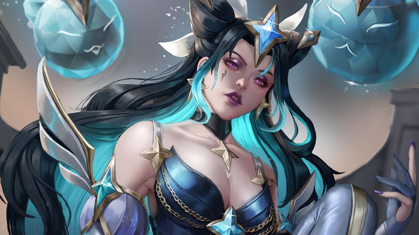 Eine frau mit blauen haaren und einem blauen kleid, die ein schwert hält (syndra, prestige edition, sternenwächter)