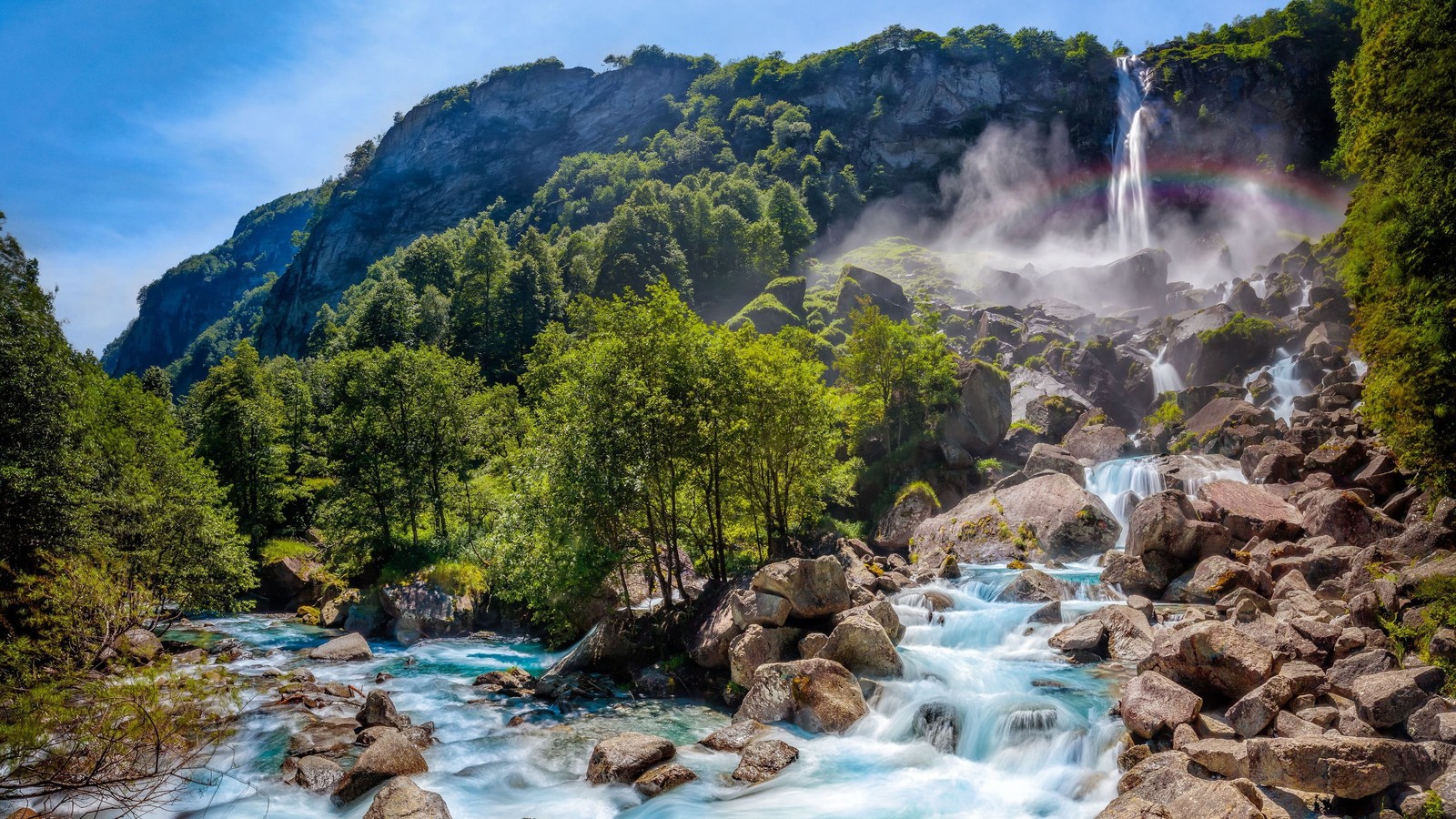 A waterfall in the mountains with a rainbow in the sky (waterfall, body of water, water resources, nature, water)