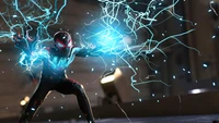 Miles Morales aproveita o poder elétrico em uma pose dinâmica, mostrando suas habilidades como o super-herói do videogame Spider-Man 2 da Marvel.