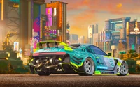 Carro esportivo futurista em uma paisagem urbana cyberpunk