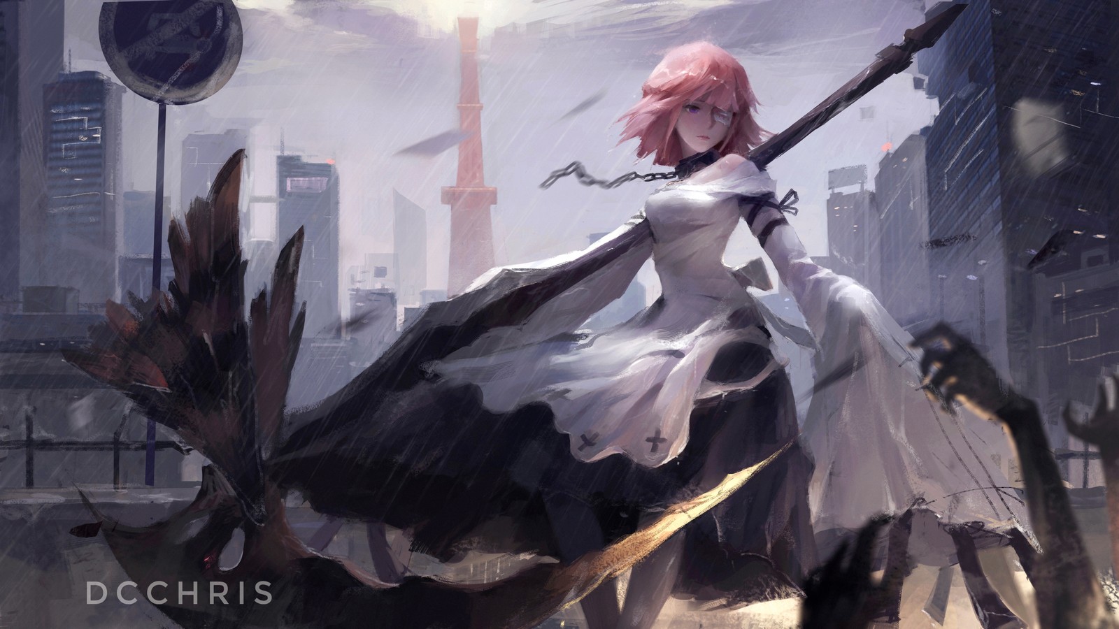 Anime girl with sword and sword in city with buildings (anime, illustration, long hair, games, art)