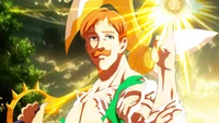 Escanor con el Hacha Divina Rhitta de Nanatsu no Taizai, irradiando poder divino.