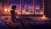 Garçon Lofi Solitaire avec Guitare dans une Chambre de Ville Nocturne