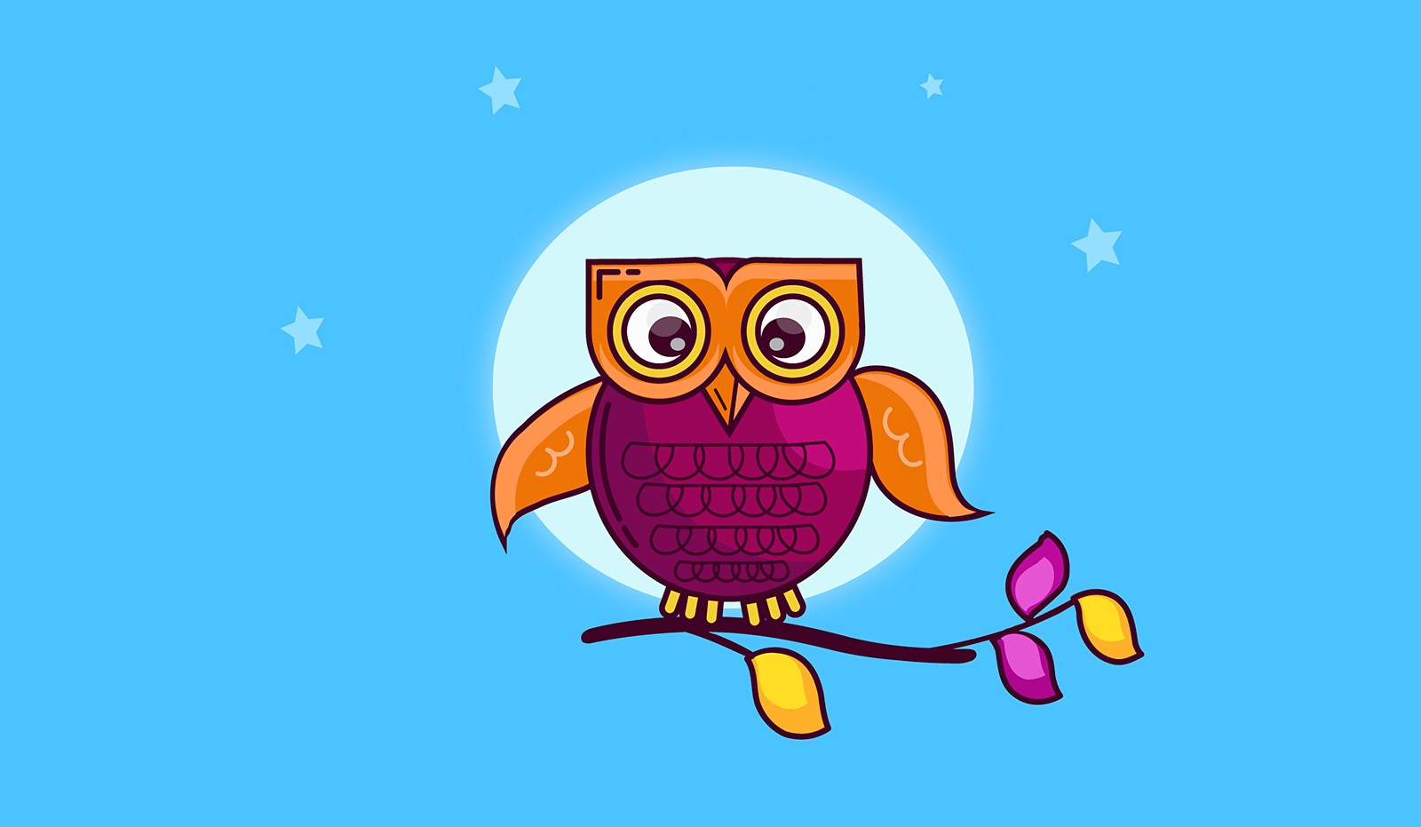 An owl sitting on a branch with a full moon in the background (owl, cartoon, bird, bird of prey, illustration)