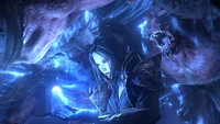 Un poderoso mago conjura magia azul en medio de amenazas demoníacas inminentes en Diablo Immortal.