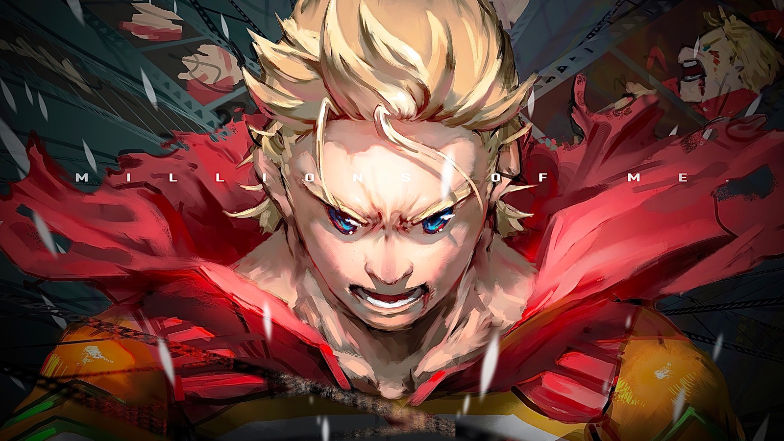 A close up of a anime character with a red cape (mirio togata, lemillion, 僕のヒーローアカデミア, my hero academia, boku no hero academia)