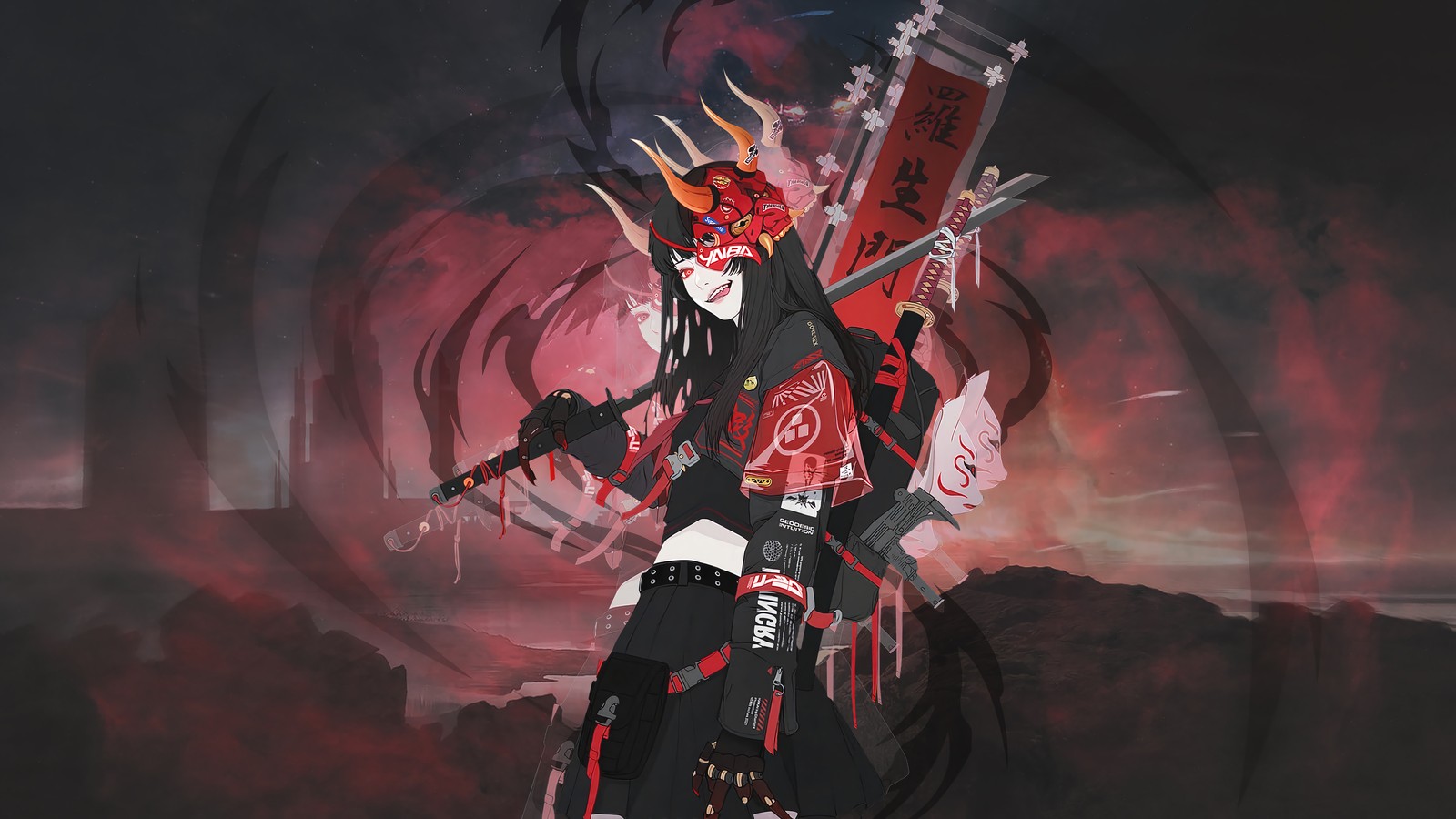 Anime character with two swords and a demon like head (anime, anime girls, samurai, warrior)