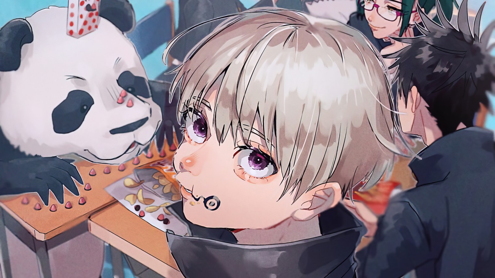 Personajes de anime comiendo pizza con un panda de fondo (jujutsu kaisen, anime, lucha de hechicería, 呪術廻戦, panda)