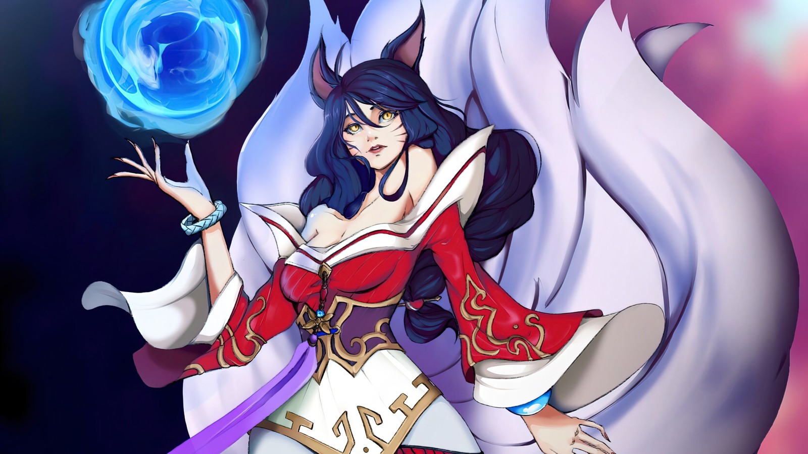 Un gros plan d'une femme tenant une balle bleue dans sa main (ahri, league of legends, lol, jeu vidéo, art)