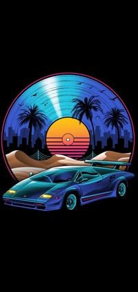 Retro Automotive Dreamscape with Vibrant Vinyl and Palm Silhouettes