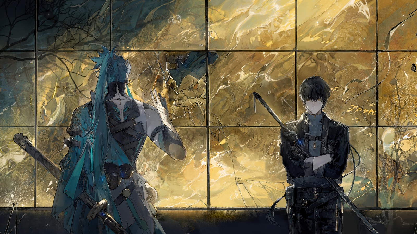 Two anime characters standing in front of a wall with a large painting (wuthering waves, video game, jiyan, rover)