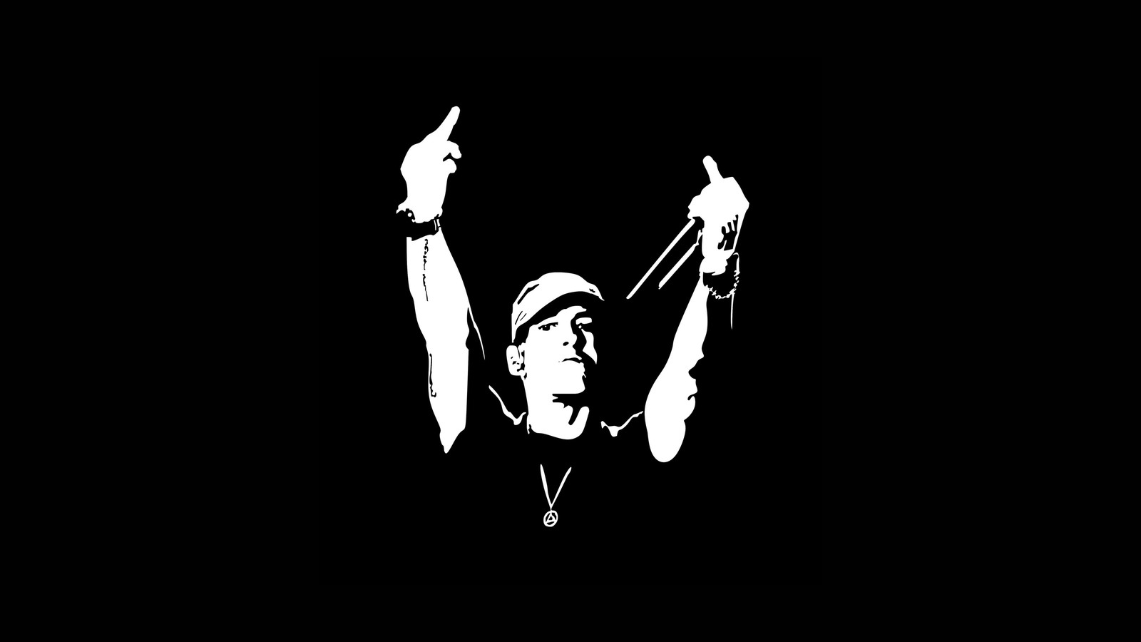 Arafed man with a hat and a necklace holding a pair of scissors (eminem, minimalist, black and white, live concert, black background)