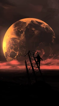 Silhouetted Figure Against a Massive Celestial Body in a Dark Atmosphere