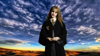 A girl in a wizarding robe stands confidently against a vibrant sky filled with clouds at sunset.