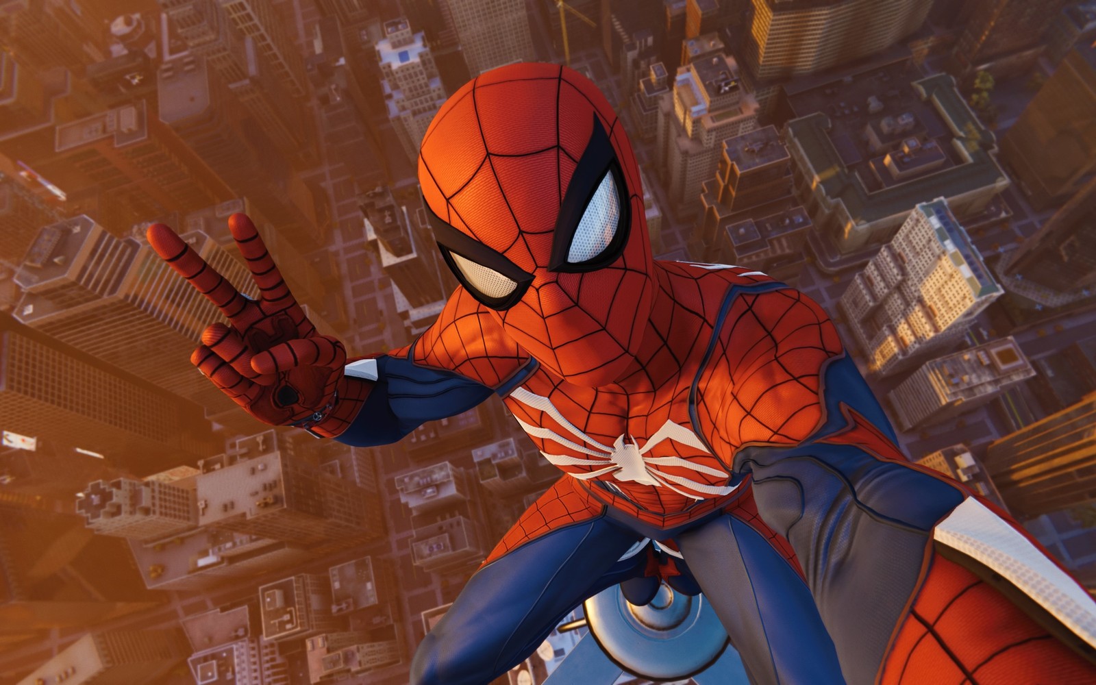 Spider-man en costume se tient sur un rebord au-dessus d'une ville (spider man, super héros, héros, fiction, jeux vidéo)