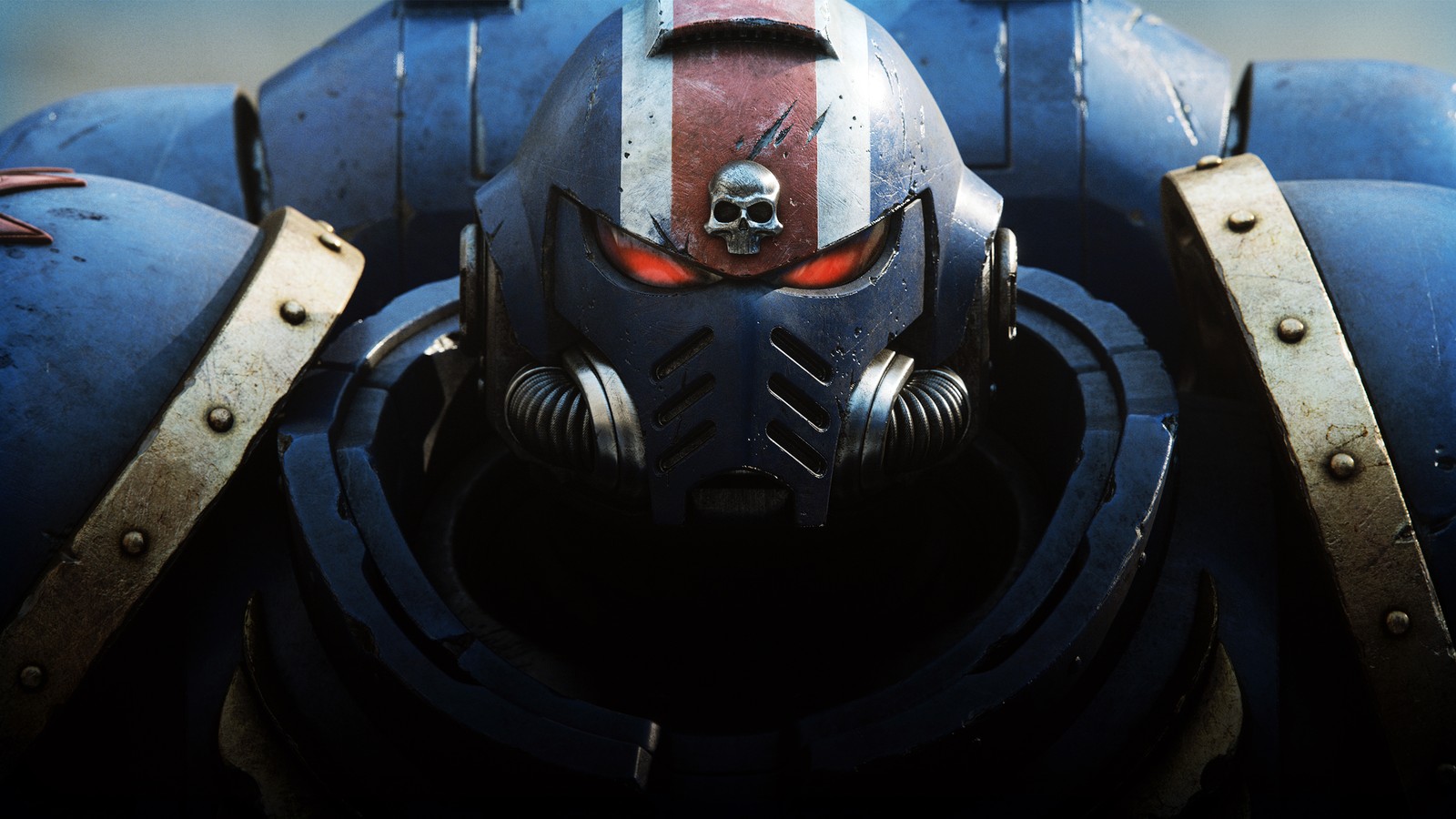 Um close de um capacete em um warhammer com um crânio (warhammer 40k space marine 2, jogos 2024, jogos de pc, playstation 5, jogos de xbox)