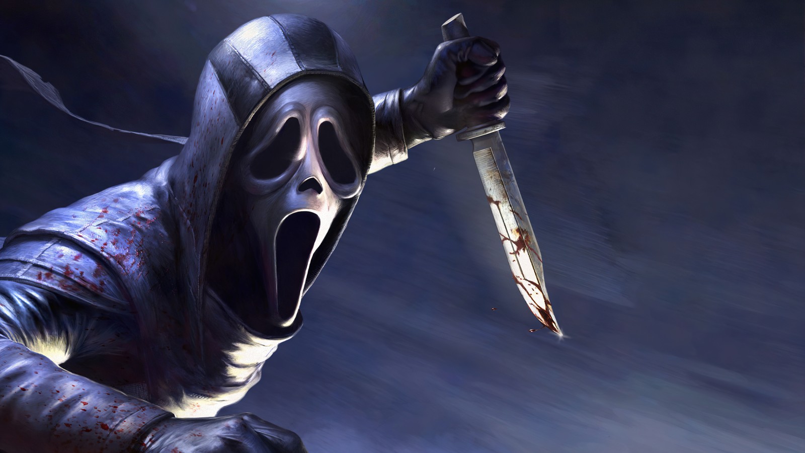 A close up of a person in a hood holding a knife (ghost face, ghostface, knife, dead by daylight, video game)