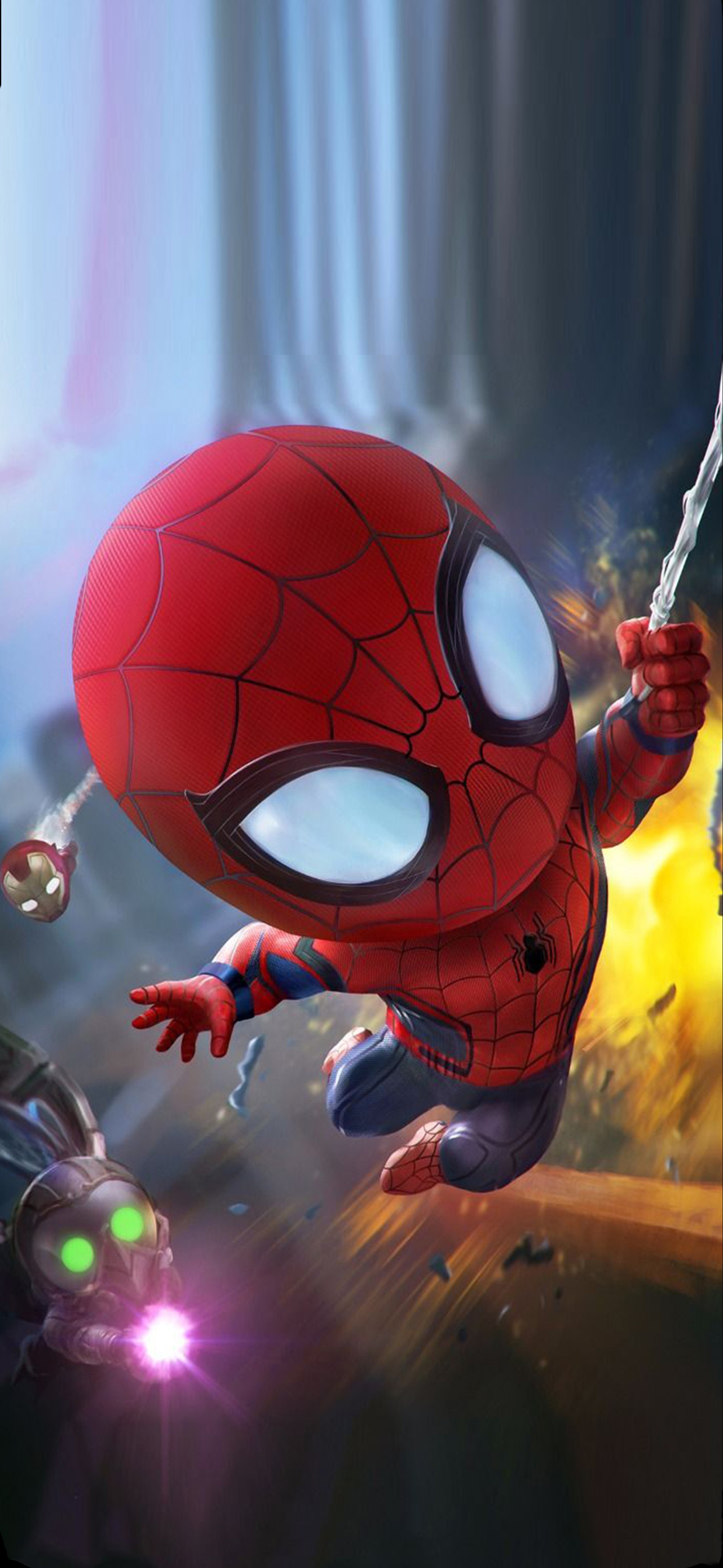 Spider-man volant dans les airs avec une épée à la main (spider man, marvel comics, araignée, chibi, tête)