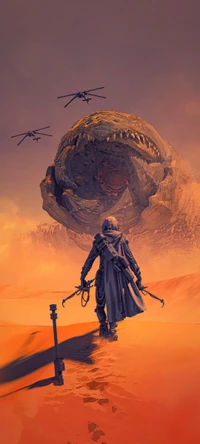 Epic Desert Encounter: A Mysterious Figure Faces a Giant Creature Amidst Dunes and Helicopters