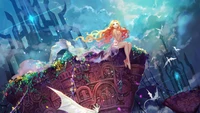 Enchanting Anime Fantasy: A Girl Amidst Ethereal Skies and Mystical Creatures