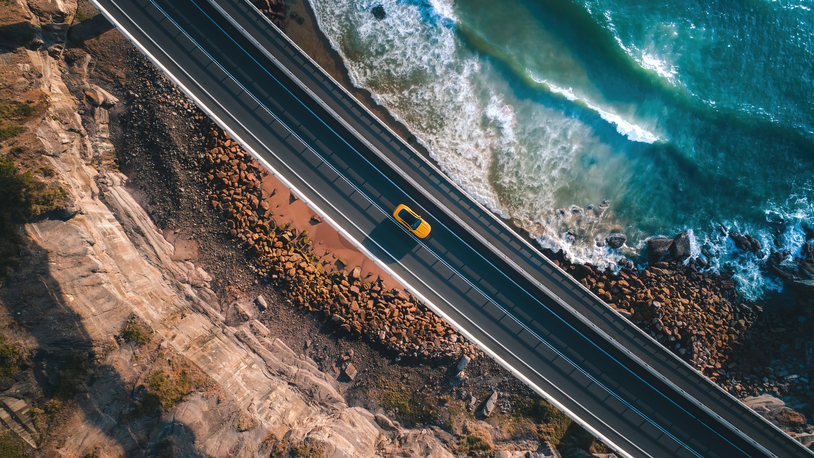 sports car, road, coastline, scenery, aerial view wallpaper