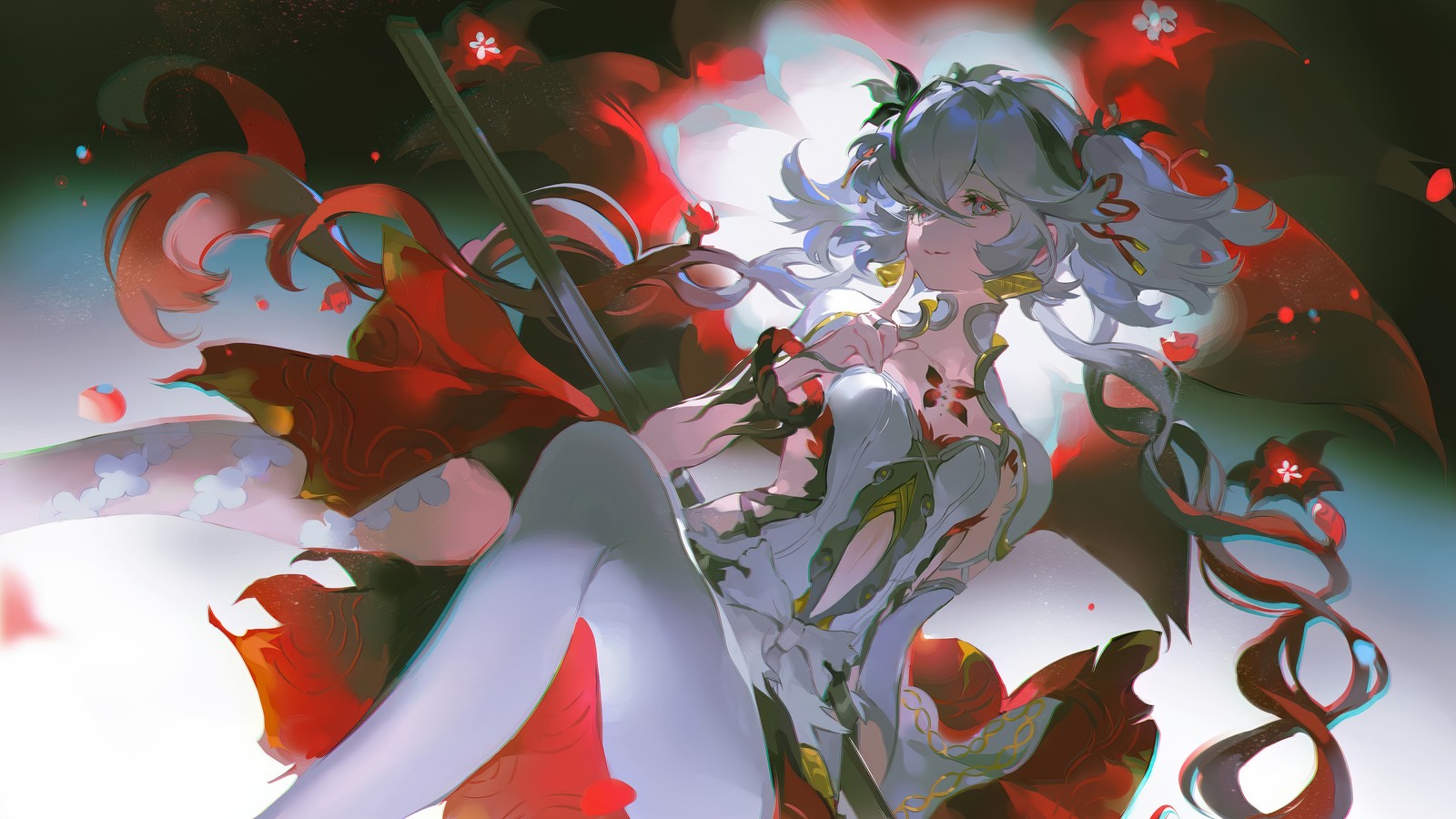 Anime girl with a sword and a red dress (camellya, wuthering waves, video game, art)