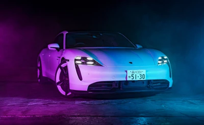 Porsche Taycan Turbo S in Neonlichtern - 5K Auto-Hintergrundbild